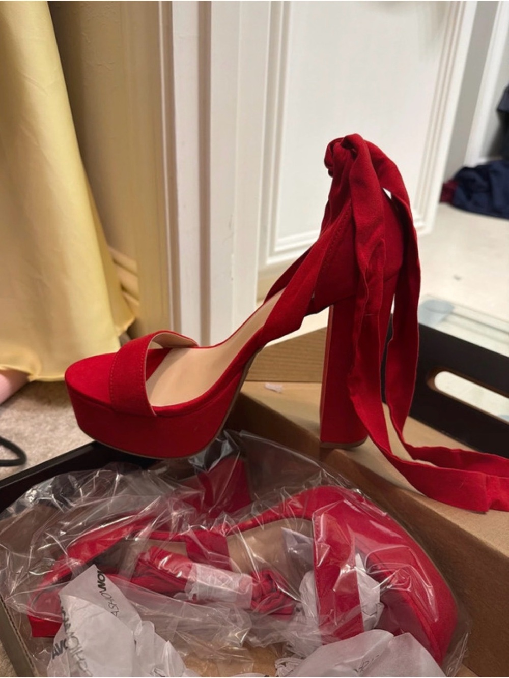 Fashion Nova Red Suede Platform Ankle-Tie Heels